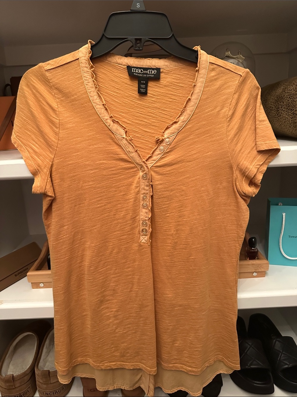 mac&me Mustard Short Sleeve Henley Tee with Ruffle Trim